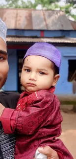 Father holding son outside blue house in traditional attire.