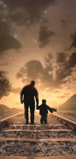 Father and son walking on railroad at sunset with a golden sky backdrop.