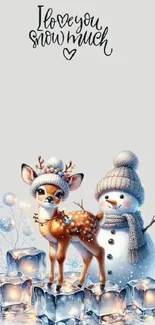 Cute winter wallpaper with snowman and deer.