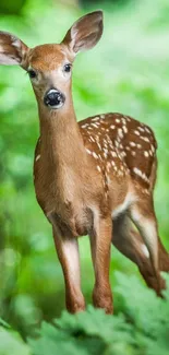 Young deer standing in a lush green forest.