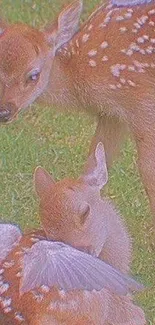 Serene mobile wallpaper featuring resting fawns in a grassy meadow.