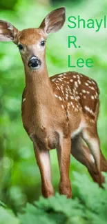 Fawn standing in a green forest setting.