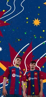 Vibrant FC Barcelona wallpaper with abstract design and two players in team jerseys.