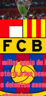 FCB emblem wallpaper with trophy and vibrant colors showcasing team pride.