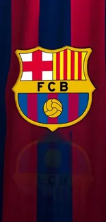 F.C. Barcelona logo on red and blue striped background.