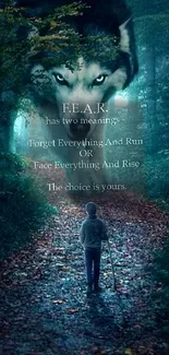 Child facing wolf's eyes in dark forest with fear quote.