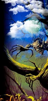 Sinister creature in a tree with 'Fear of the Dark' in vivid colors.