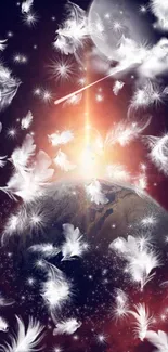 Cosmic scene with floating white feathers and celestial background.