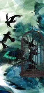 Mobile wallpaper with teal feathers and a birdcage.