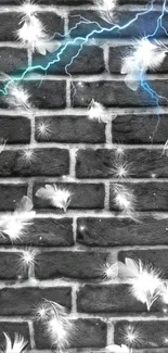 Mobile wallpaper with feathers, lightning, and a textured brick background.