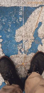 Feet stepping on a detailed world map design.