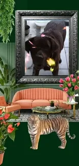 Creative wallpaper with dog, plants, and tiger model in a modern living room.