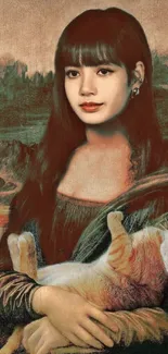 Mona Lisa with a cat in a unique art wallpaper.