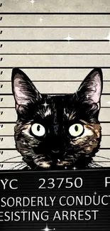 Funny cat mugshot in police lineup on phone wallpaper.