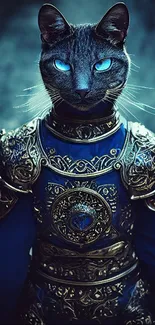 Fantasy cat warrior in blue armor, mobile wallpaper.