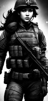 Black and white digital art of a female soldier in tactical gear.