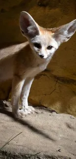 Fennec fox on rocky terrain in sunlight.