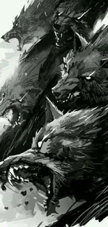 Dynamic black and white wolf illustration wallpaper.