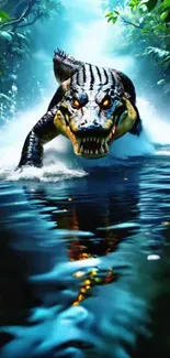 Ferocious crocodile emerging from jungle waters in intense mobile wallpaper.