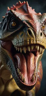 Ferocious dinosaur with mouth open, displaying sharp teeth and vivid colors.