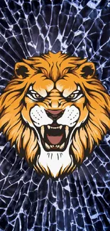 Fierce lion with shattered glass background.