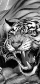 Black and white fierce tiger roaring artwork.