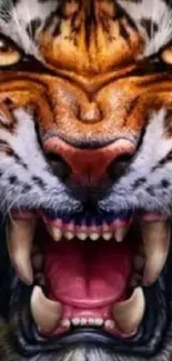 Roaring tiger close-up wallpaper with intense colors.