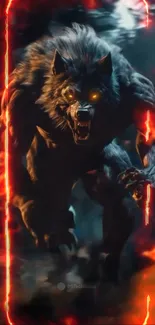 A fierce werewolf surrounded by flames with glowing eyes.