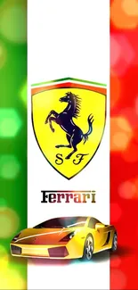 Ferrari logo with yellow sports car on mobile wallpaper.