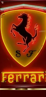 Ferrari neon logo with prancing horse on red background.