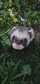 Cute ferret in lush greenery with sparkling effects on a mobile wallpaper.