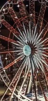 Illuminated Ferris wheel at night with city lights and stars.