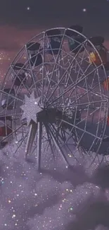 Dreamy Ferris wheel with clouds and stars.