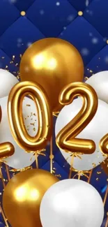 2022 balloons in gold and white against a blue background.