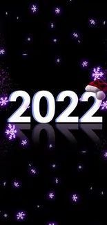 2022 festive wallpaper with snowflakes and Santa hat on black background.