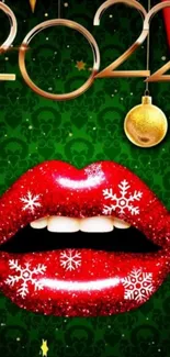 Festive 2022 wallpaper with red lips, snowflakes, and holiday decor.