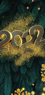 Golden 2022 on dark green pine branches wallpaper.