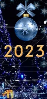 Festive 2023 wallpaper with blue lights and Christmas decorations.