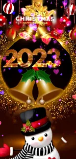 Festive 2023 Christmas wallpaper with snowman and golden bells.