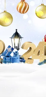 Festive 2024 wallpaper with ornaments and gifts in the snow.