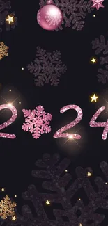 2024 festive wallpaper with glittery snowflakes and stars on a dark background.