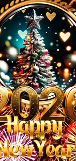 2026 New Year wallpaper with festive tree.