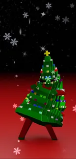 Animated 3D Christmas tree with falling snowflakes.