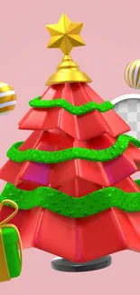 3D Christmas tree with gifts and festive ornaments on a pink background.