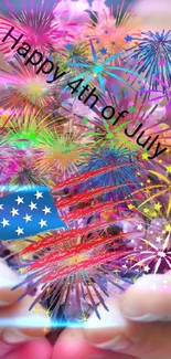 Hands holding flowers with fireworks and flag overlay.