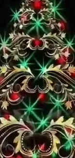 Abstract Christmas tree with vibrant colors on a black background.