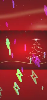 Abstract Christmas tree on vibrant red background with neon shapes.