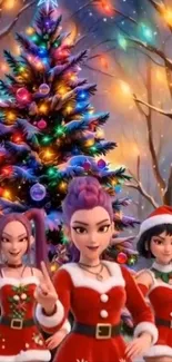 Festive cartoon characters by Christmas tree.