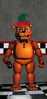 Festive animatronic bear character on checkered floor.