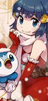 Anime character in festive outfit with snowflakes and holiday theme.